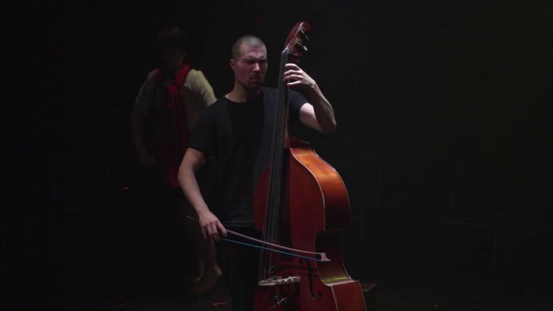 In the foreground the musician playing the double bass. In the background, moving around the musician, the narrator.