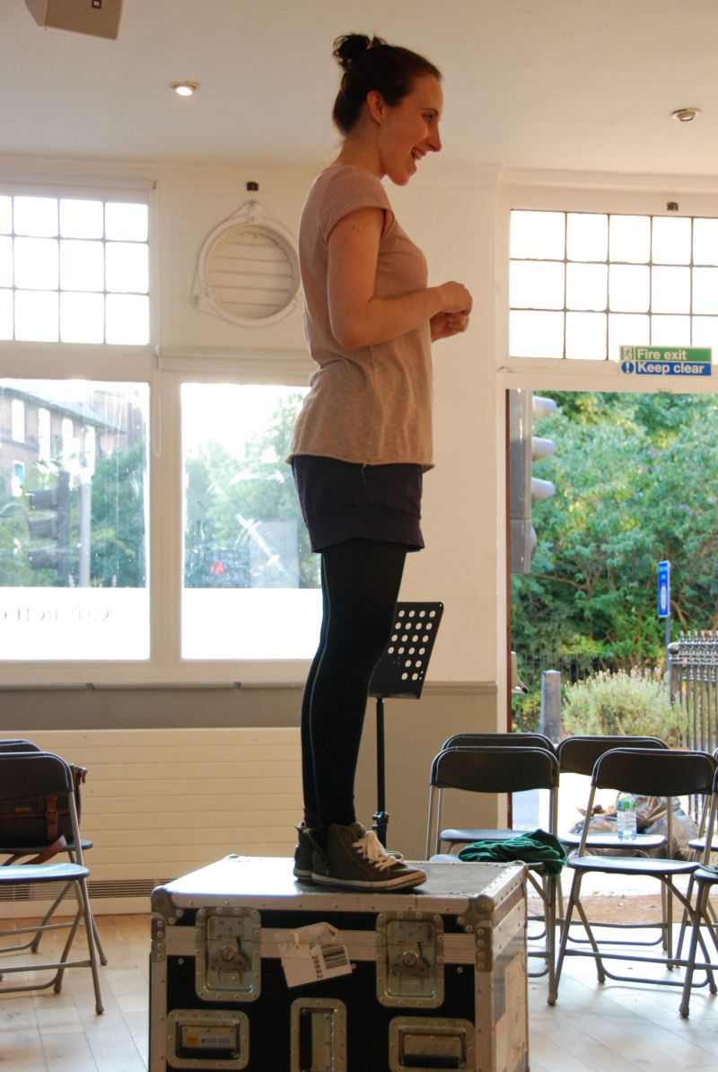 Roseanne Lynch (Debbie) is standing on a flight case waiting to start during rehersals for Recording Hedda.