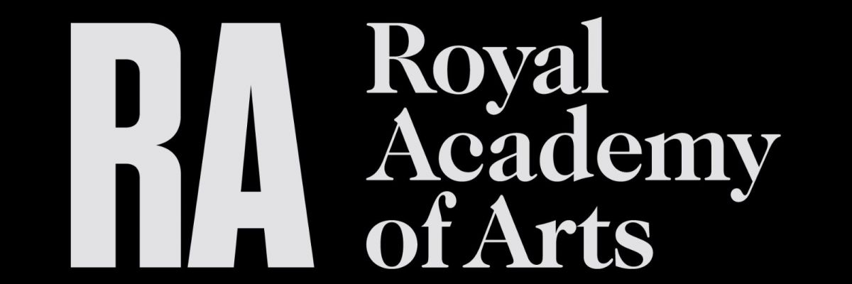 The logo of the Royal Academy of Arts on black backdrop.